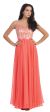 Floral Embroidered Mesh Bodice Long Formal Prom Dress in Coral